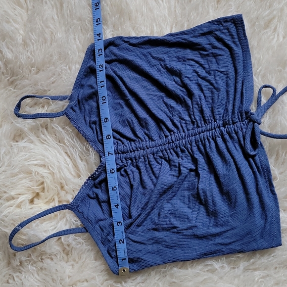 Caution to the Wind Ruched Drawstring Front Spaghetti Strap Ribbed Camisole Blue - Picture 6 of 6